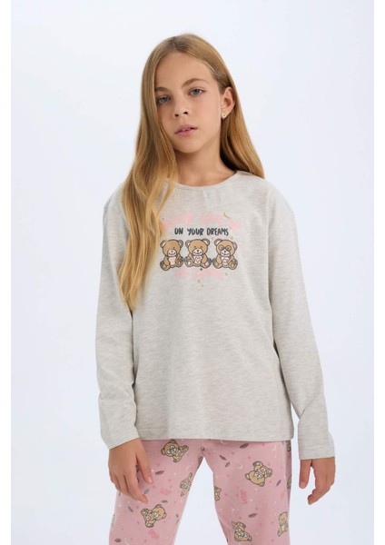 Kız Çocuk Pijama Takımı Ayıcık Baskılı Uzun Kollu Üst Beli Lastikli Uzun Alt D6320A8NS