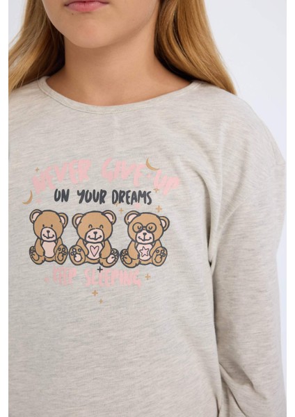 Kız Çocuk Pijama Takımı Ayıcık Baskılı Uzun Kollu Üst Beli Lastikli Uzun Alt D6320A8NS