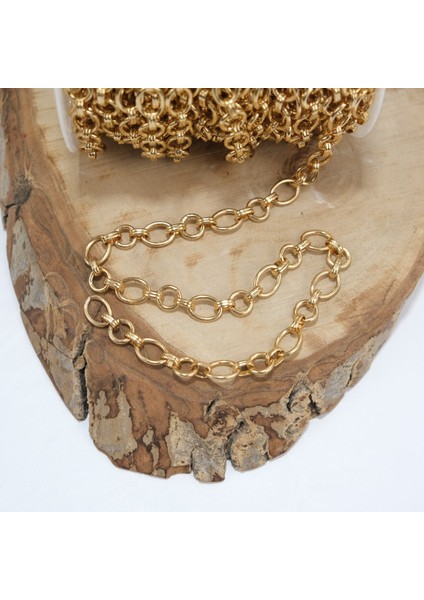 Sarı Renk Metal Kaplama Oval ve Yuvarlak Halkalı Zincir Kolye Zinciri Takı ve Çanta Zinciri 1 Metre