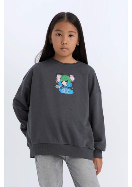 Kız Çocuk Relax Fit Bisiklet Yaka Baskılı Sweatshirt D6495A8NS