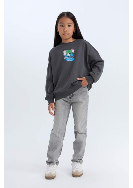 Kız Çocuk Relax Fit Bisiklet Yaka Baskılı Sweatshirt D6495A8NS