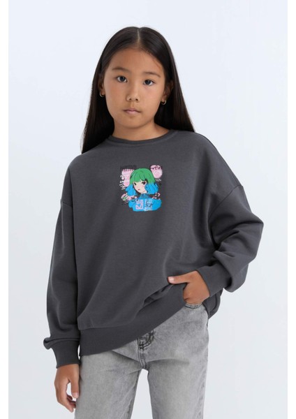 Kız Çocuk Relax Fit Bisiklet Yaka Baskılı Sweatshirt D6495A8NS