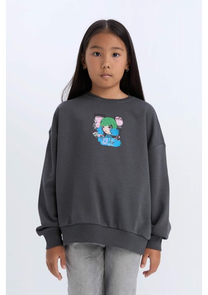 Kız Çocuk Relax Fit Bisiklet Yaka Baskılı Sweatshirt D6495A8NS