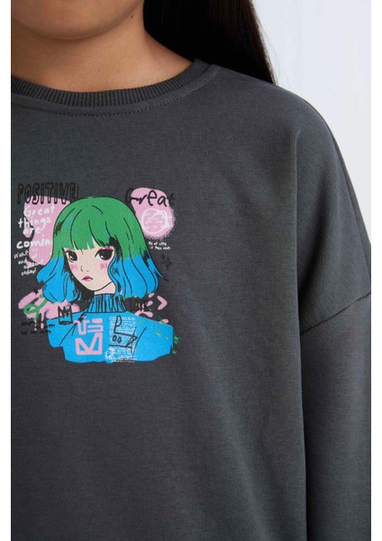Kız Çocuk Relax Fit Bisiklet Yaka Baskılı Sweatshirt D6495A8NS