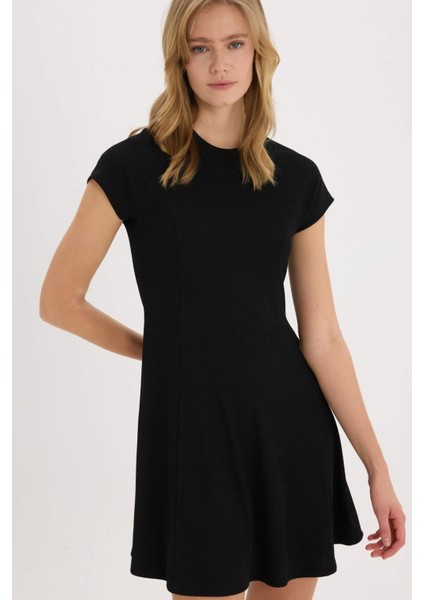 Coool Bisiklet Yaka Basic Düz Fitilli Kaşkorse Kısa Kollu Mini Yazlık Elbise E8134AX25SM