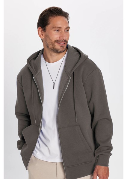 Unisex Relax Fit Rahat Kesim Pamuklu İçi Polarlı Çift Cepli Fermuarlı Gri Kapüşonlu Sweatshirt