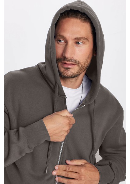 Unisex Relax Fit Rahat Kesim Pamuklu İçi Polarlı Çift Cepli Fermuarlı Gri Kapüşonlu Sweatshirt fiyatları