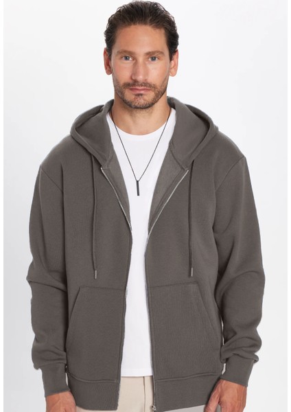 Unisex Relax Fit Rahat Kesim Pamuklu İçi Polarlı Çift Cepli Fermuarlı Gri Kapüşonlu Sweatshirt fırsatları