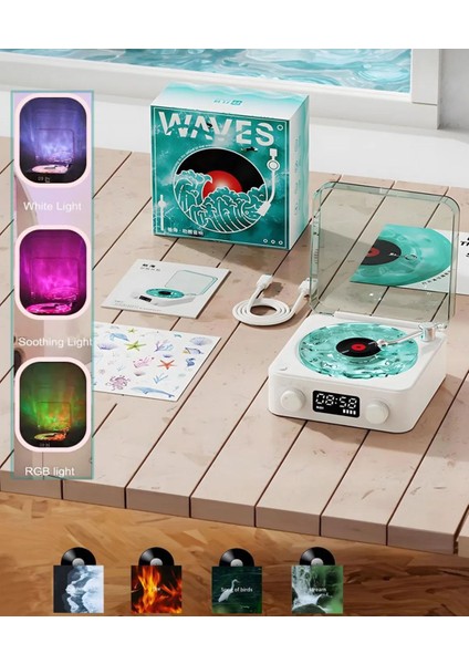 Retro Pikap Plak Çalar Hoparlör Şarjlı Kablosuz Projektör Gece Lambası Bluetooth Hoparlör