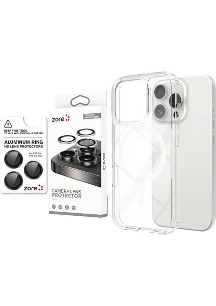 iPhone 16 Pro Kılıf Magsafe Şarj Özellikli Şeffaf Sert PC Zore Embos Kapak + Safir Kamera Lens Koruyucu
