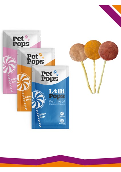 Lollipops Dondurularak Kurutulmuş Karışık Mix Lezzet Paketi Kedi Köpek Ödülü Lolipop 3'Lü Lolipopu