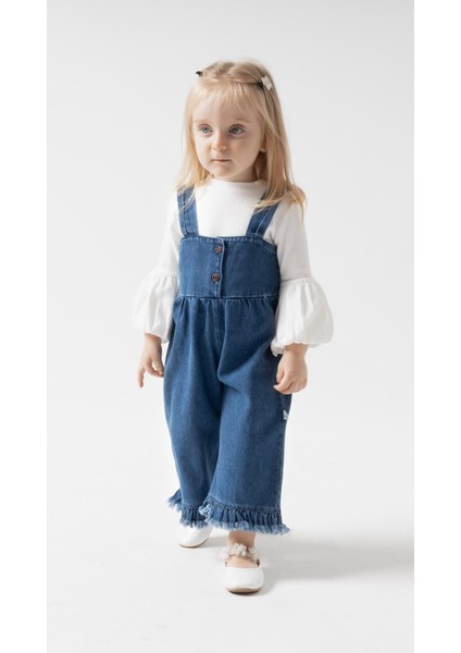 Palazzo Baby Girl Child Jeans Overalls Jumpsuit Luxury 100% Cotton Lycra Rib Balloon Blouse Denim Jeans Set fiyatları