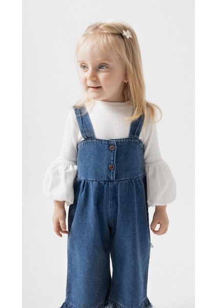 Palazzo Baby Girl Child Jeans Overalls Jumpsuit Luxury 100% Cotton Lycra Rib Balloon Blouse Denim Jeans Set modelleri