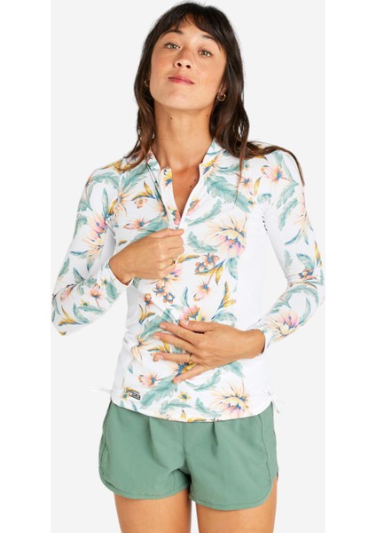 Olaian Kadın Slim Fit Uzun Kollu Uv Korumalı Tişört - Beyaz - Çiçek Desenli - 500