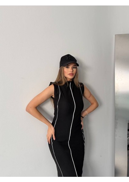 Şerit Detaylı Midi Boy Spor Şık Elbise