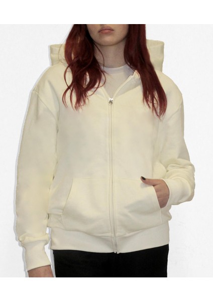 Original Krem Fermuarlı Hoodie