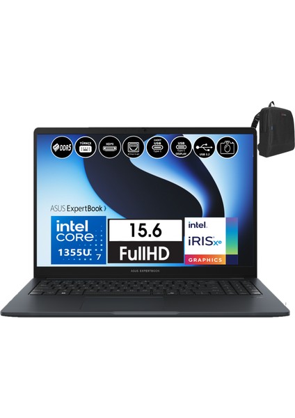 Expertbook B1 B1503CVA Intel Core I7-1355U 8gb Ddr5 256GB SSD Windows 11 Home 15.6 Fhd Intel UHD Graphic Taşınabilir Bilgisayar WI716G512B1DH01+ZETTAÇANTA