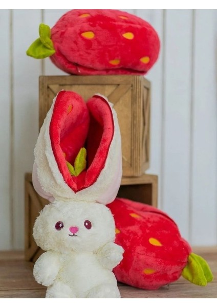 Çilek Peluş Tavşan Sevgiliye Özel Tasarım Orta Boy (Açık Hali 50CM Kapalı Hali 30CM)