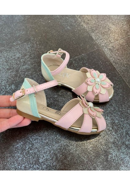 26-30 Numara Sandalet Çiçekli Mint-Pudra