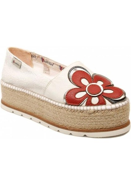 J.flor Beyaz Deri Kırmızı Çiçek Detaylı Dolgu Topuklu Hasırlı Kadın Ayakkabı