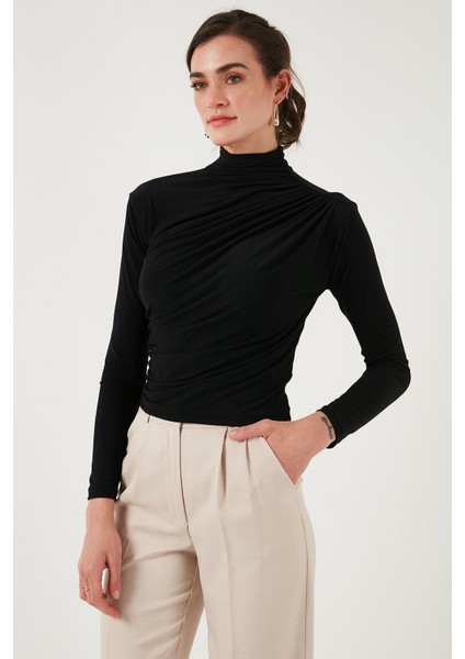 Streç Büzgü Detaylı Slim Fit Dik Yaka Bluz Bayan Bluz 669925 fırsatları