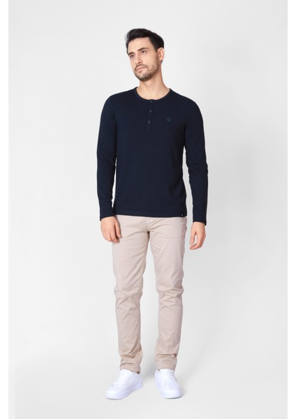 Düğmeli Bisiklet Yaka Uzun Kollu T-shirt NP-Collargo - Lacivert