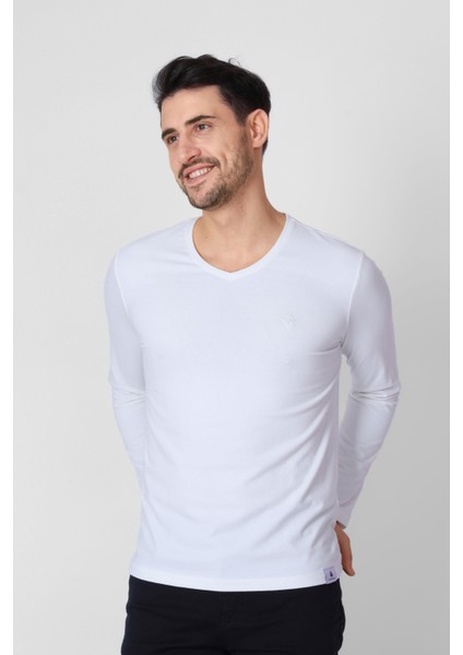 V Yaka Uzun Kollu T-shirt NP-Trelargo - Ekru