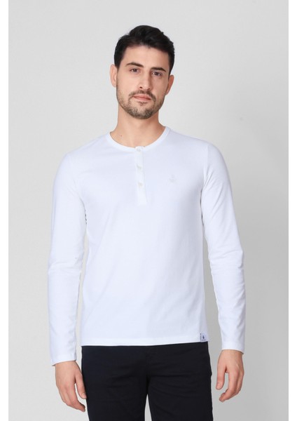 Düğmeli Bisiklet Yaka Uzun Kollu T-shirt NP-Collargo - Ekru