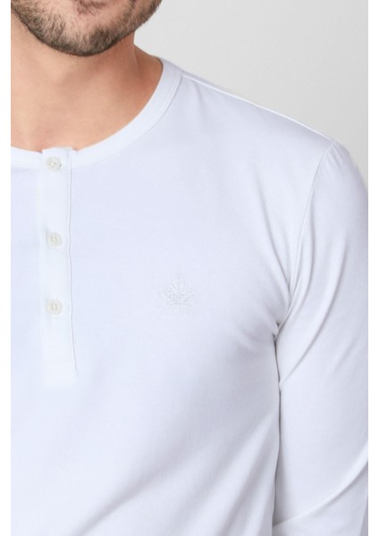 Düğmeli Bisiklet Yaka Uzun Kollu T-shirt NP-Collargo - Ekru
