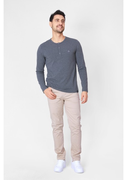 Düğmeli Bisiklet Yaka Uzun Kollu T-shirt NP-Collargo - Koyu Gri