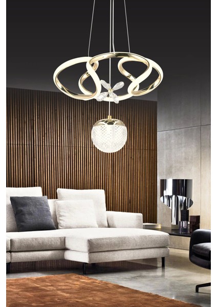 Modern Kıvrımlı Tek Toplu Üç Renkli Gold Sarkıt Taşlı Ledli Avize Otuma Odası Avize ve Salon Sarkıt Avize