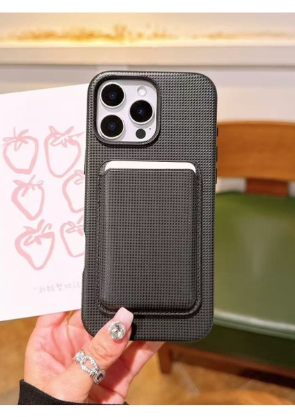 Apple iPhone 14 Pro Max Uyumlu Lüks Desenli Siyah Deri Cüzdanlı Magsafe Özellikli Kılıf