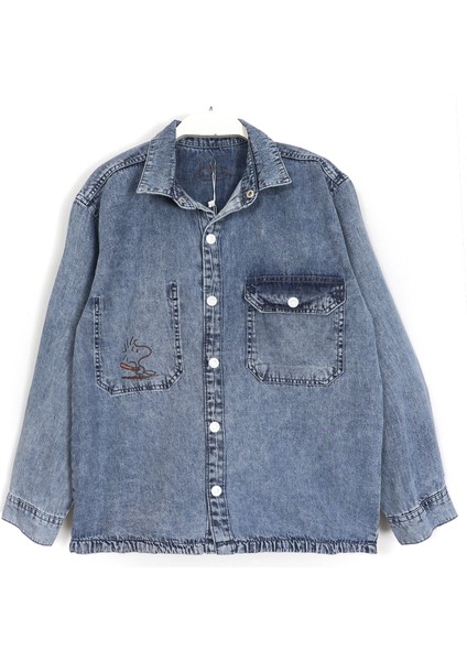Ön ve Arkası Baskılı Cep Detaylı Erkek Çocuk Denim Gömlek Mavi 001-0001979