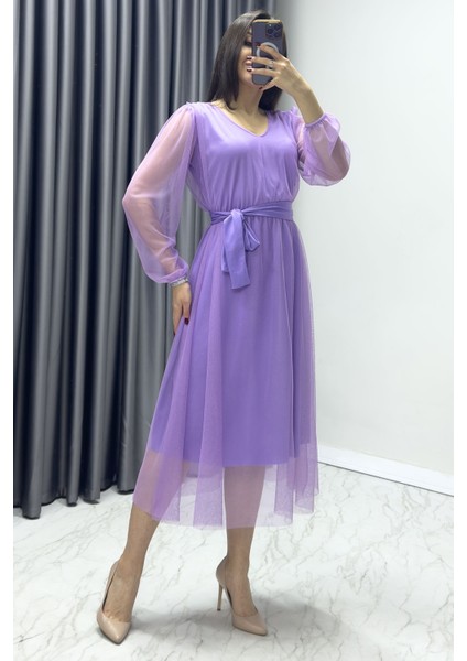 - Kadın V Yaka Tül Kloş Büyük Beden Elbise Lila, Bordo, Siyah, Petrol Mavi