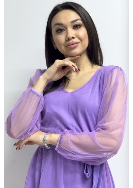 - Kadın V Yaka Tül Kloş Büyük Beden Elbise Lila, Bordo, Siyah, Petrol Mavi modelleri