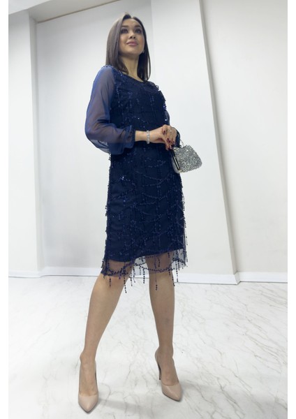 - Kadın Büyük Beden Şifon Pulpayet Abiye Elbise Lacivert, Gold, Siyah