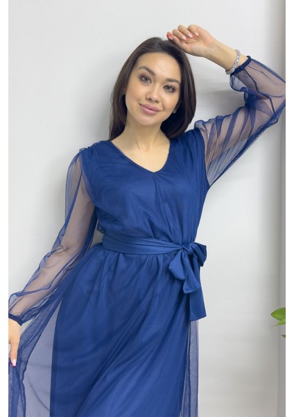 - Kadın V Yaka Tül Kloş Büyük Beden Elbise Lila, Bordo, Siyah, Petrol Mavi