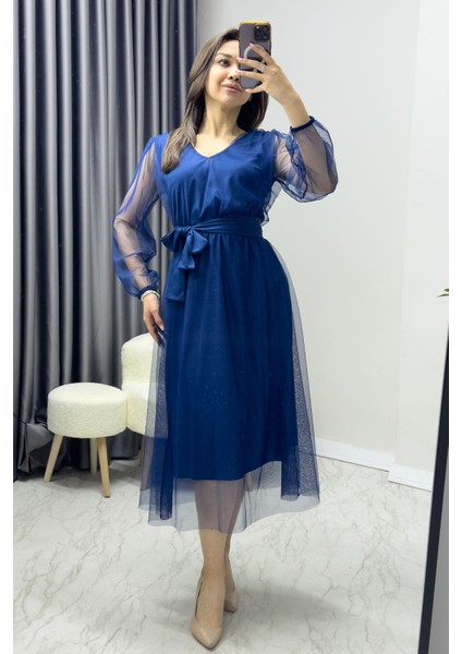 - Kadın V Yaka Tül Kloş Büyük Beden Elbise Lila, Bordo, Siyah, Petrol Mavi modelleri