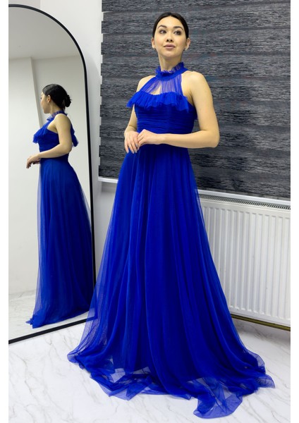 - Kadın Drapeli Kolsuz Tül Abiye Elbise Kırmızı, Zümrüt Yeşil, Saks Mavi, Mor, Bebe Mavi, Beyaz, Siyah, Bordo