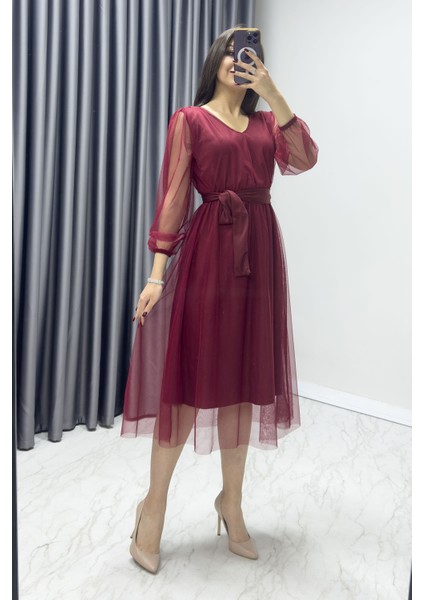 - Kadın V Yaka Tül Kloş Büyük Beden Elbise Lila, Bordo, Siyah, Petrol Mavi