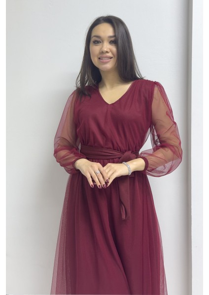 - Kadın V Yaka Tül Kloş Büyük Beden Elbise Lila, Bordo, Siyah, Petrol Mavi modelleri