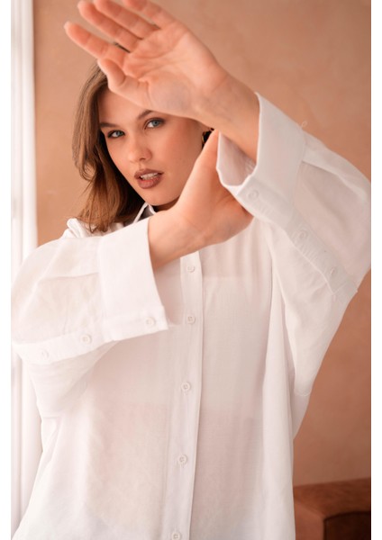 Kadın Beyaz Modal Kumaş Uzun Asimetrik Kesim Oversize Tunik Gömlek 29005