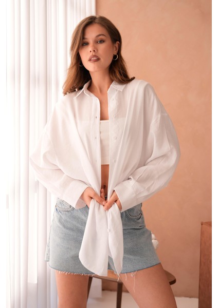 Kadın Beyaz Modal Kumaş Uzun Asimetrik Kesim Oversize Tunik Gömlek 29005