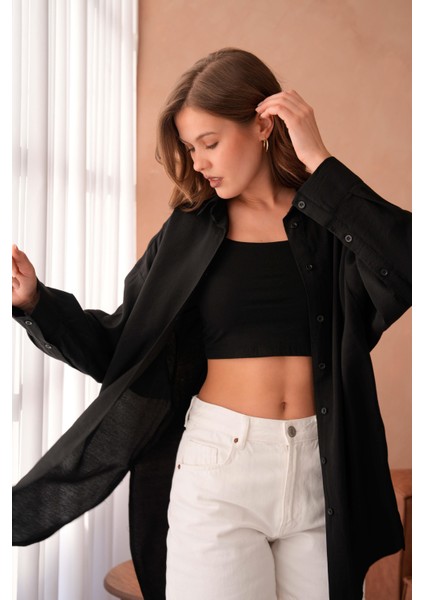 Kadın Siyah Modal Kumaş Uzun Asimetrik Kesim Oversize Tunik Gömlek 29005