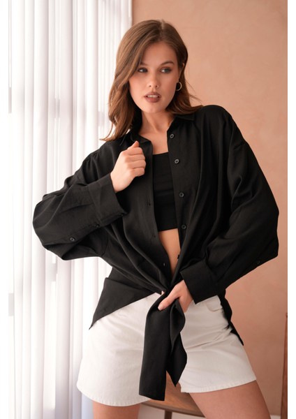 Kadın Siyah Modal Kumaş Uzun Asimetrik Kesim Oversize Tunik Gömlek 29005