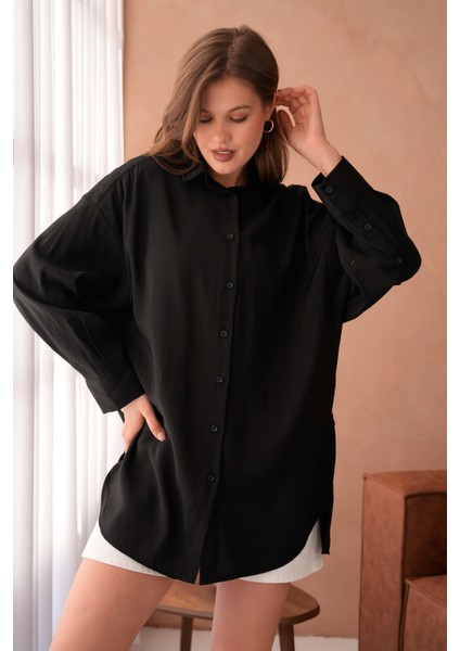 Kadın Siyah Modal Kumaş Uzun Asimetrik Kesim Oversize Tunik Gömlek 29005