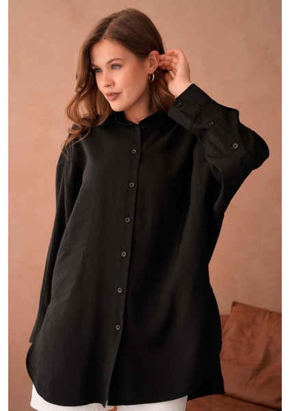 Kadın Siyah Modal Kumaş Uzun Asimetrik Kesim Oversize Tunik Gömlek 29005