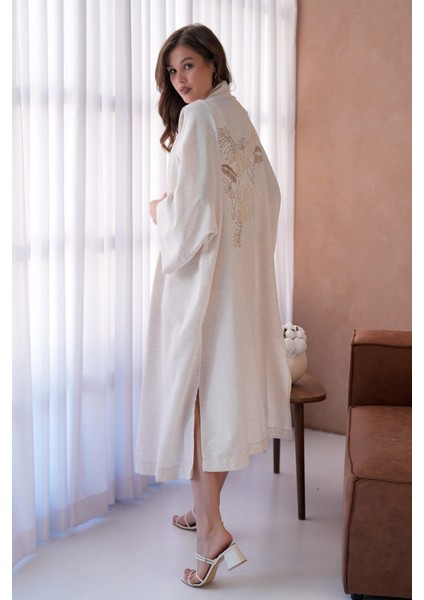 Kadın Natur Keten Sırtı Nakışlı Inci Detaylı Uzun Kimono Ceket 29001