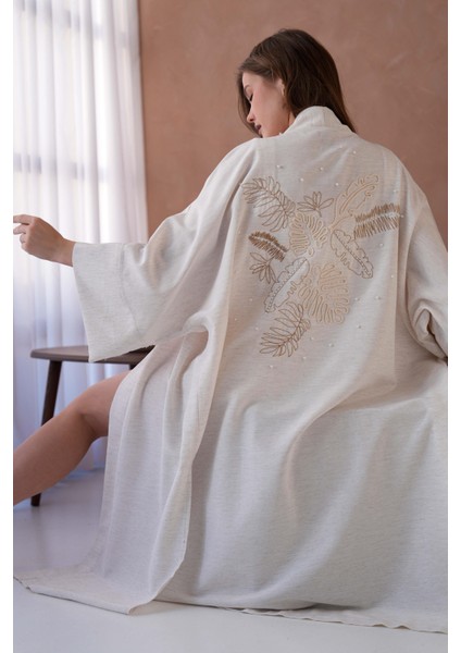 Kadın Natur Keten Sırtı Nakışlı Inci Detaylı Uzun Kimono Ceket 29001