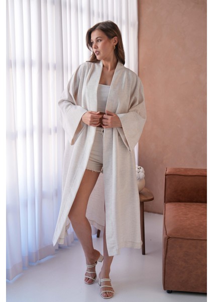 Kadın Natur Keten Sırtı Nakışlı Inci Detaylı Uzun Kimono Ceket 29001